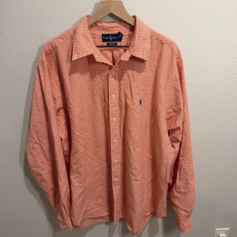 Ralph Lauren men's XXL Button Down Shirt Classic Fit Orange & White Gingham